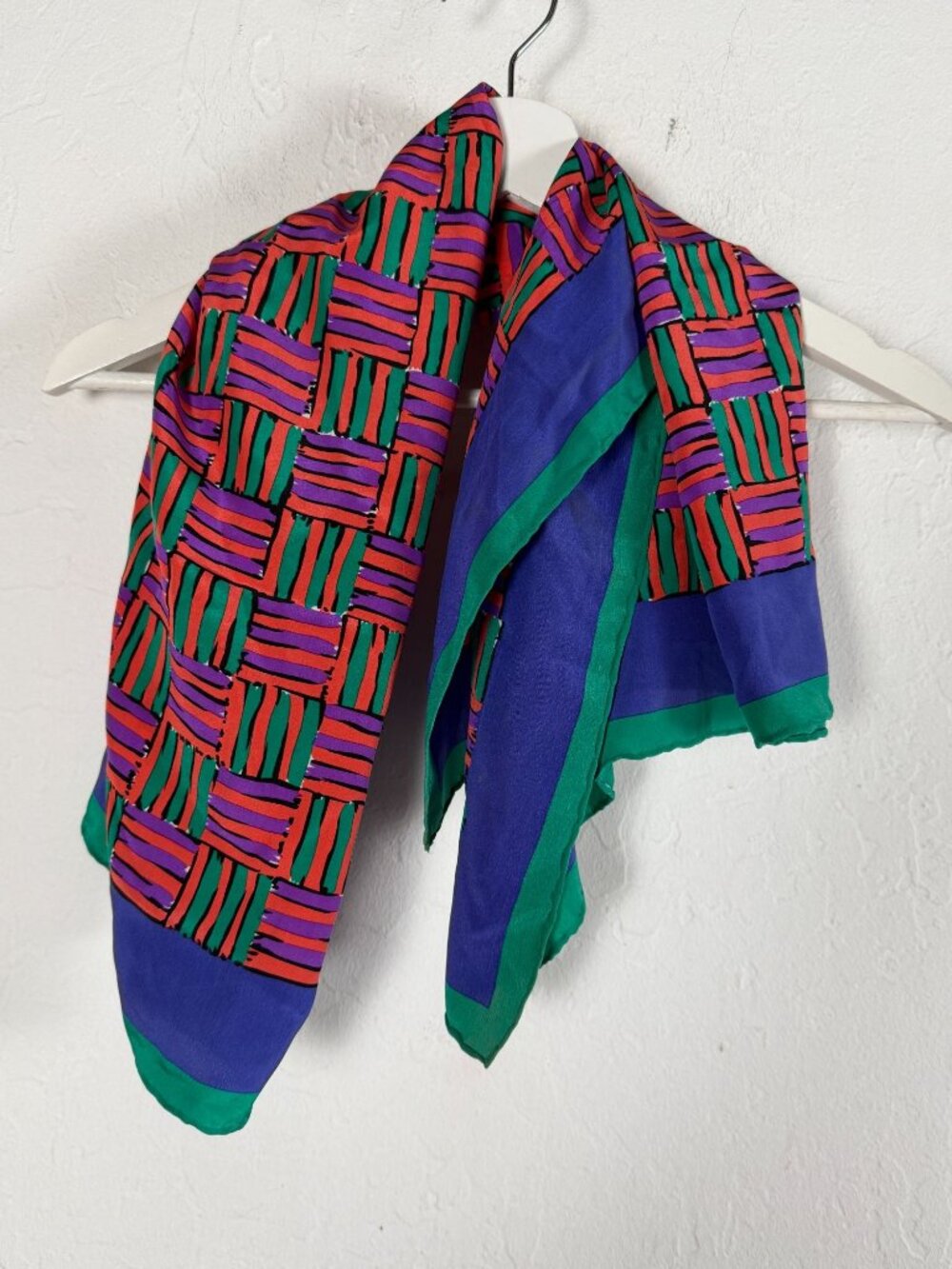 Rodier Paris Silk Scarf Geometric Basketweave Purple Green 34x34 Square